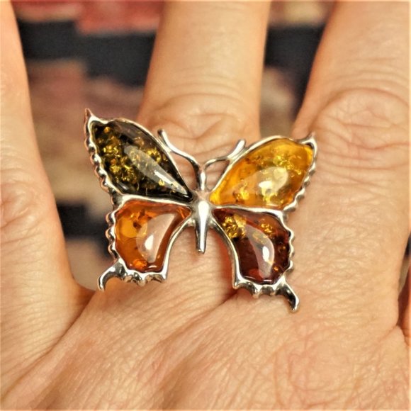 BALTIC AMBER STERLING BUTTERFLY RING SIZE 7.75 GIFT FOR WOMEN - Picture 3 of 13
